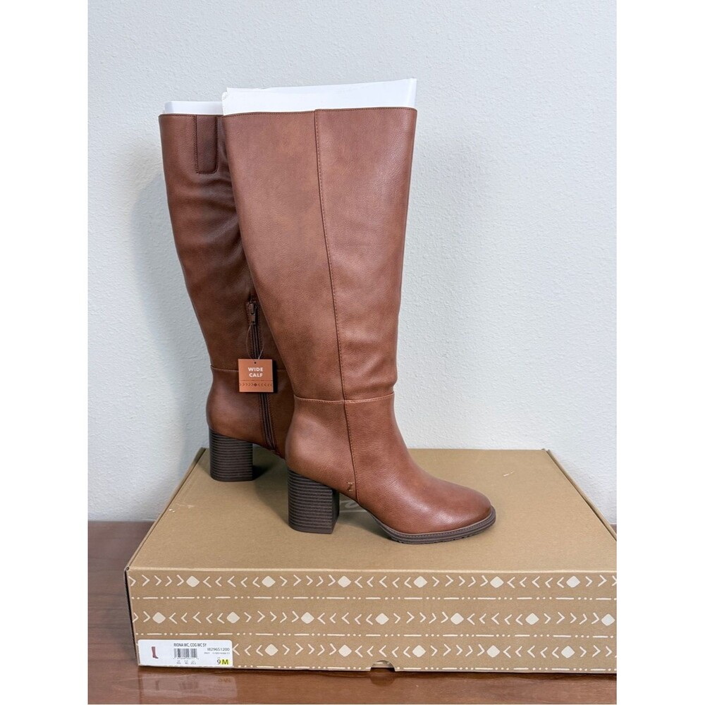 Zodiac Cognac Brown Knee-High Wide-Calf Block Heel Boots 9 NWT